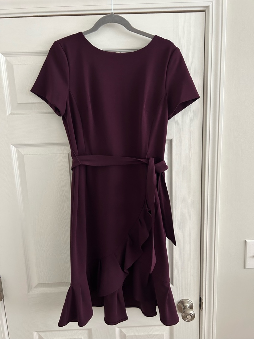 Calvin Klein Plum Short-Sleeve Ruffle Wrap Midi Dress